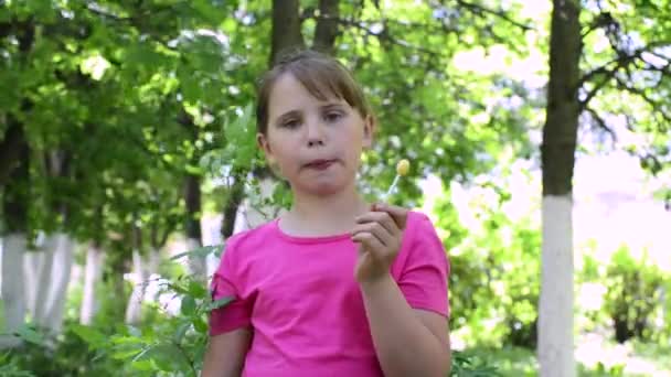 Baby Girl Eating Caramel Candy Stick Sunny Summer Day Picnic — Stock Video