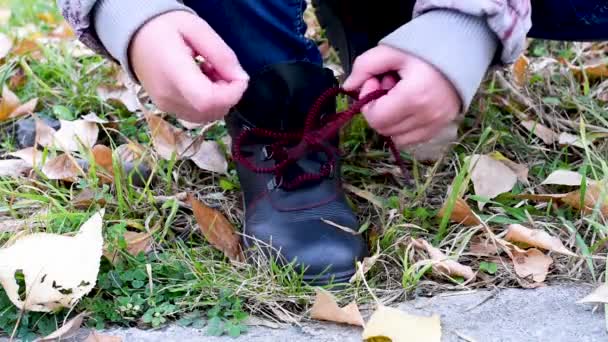 Dětské Vázání Červené Tkaničky Černé Kožené Boty Pozadí Žluté Listí — Stock video