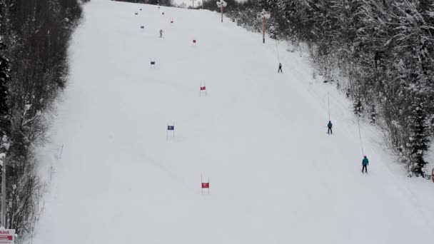Kinder Ski Wedstrijden Categorie Van Slalom Skiën Van Berg Door — Stockvideo