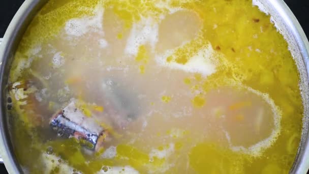 Sopa Peixe Fervente Uma Panela Aço Inoxidável Que Fica Fogão — Vídeo de Stock