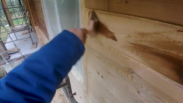 Abdeckung Eines Holzhauses Mit Leinöl Mit Einem Speziellen Pinsel Schutz — Stockvideo