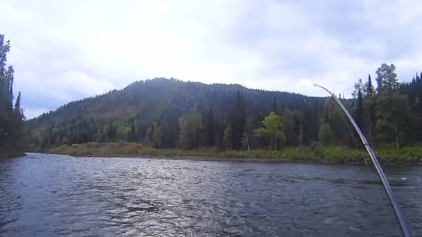 Caña Pescar Pesca Río Contra Las Montañas Cubiertas Árboles Verdes — Vídeos de Stock