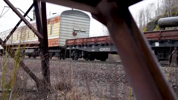 Rusty Iron Construction Which Electric Train Passes Rail Passenger Cars — Stock Video