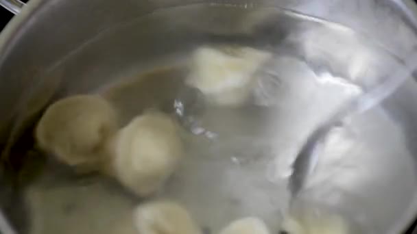 Ravioli Wrzącej Wodzie Przyprawami Zbliżenie Pierogi Skimmer Patelni Wrzącej Wody — Wideo stockowe