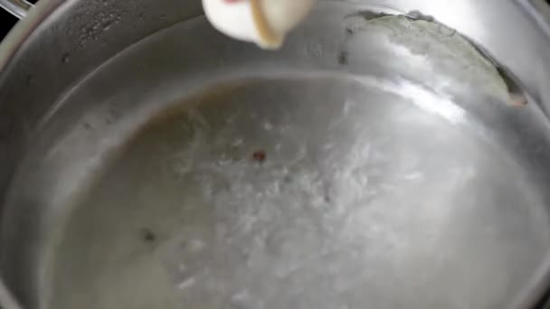 Ravioli Hirviendo Agua Con Especias Primer Plano Albóndigas Una Espumadera — Vídeo de stock