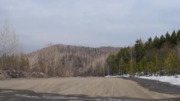 Grusväg Med Hål Och Pölar Landsbygden Bland Träden Buskar Början — Stockvideo