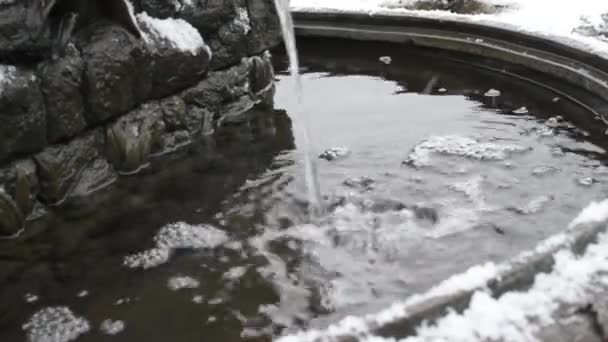 Fontaine Fontaine Jardin Avec Eau Début Printemps Par Temps Neigeux — Video