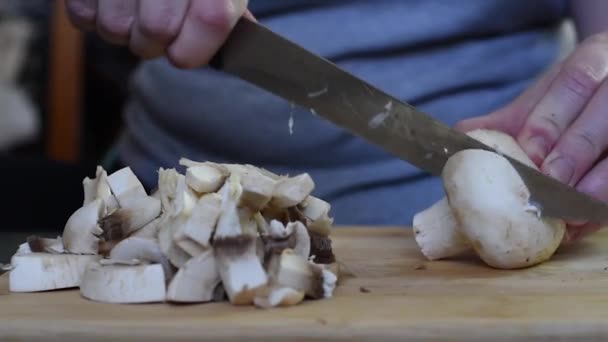 Woman Cuts Mushrooms Mushrooms Wooden Board Knife Black Handle Home — Stock Video