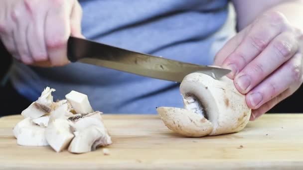 Woman Cuts Mushrooms Mushrooms Wooden Board Knife Black Handle Home — Stock Video