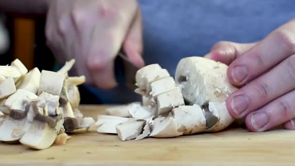 Woman Cuts Mushrooms Mushrooms Wooden Board Knife Black Handle Home — Stock Video