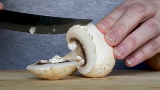 Woman Cuts Mushrooms Mushrooms Wooden Board Knife Black Handle Home — Stock Video