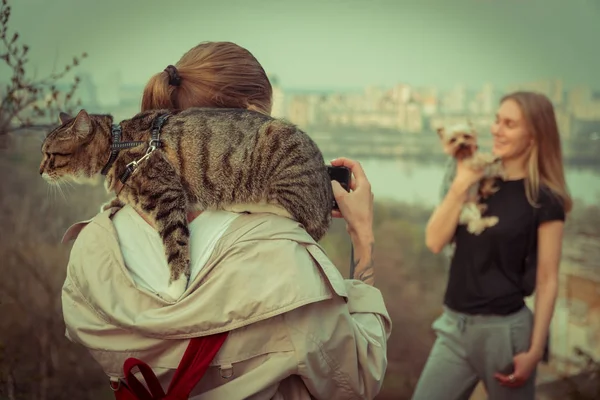 Selfy Una Chica Con Gato Hombro Toma Una Chica Perro — Foto de Stock