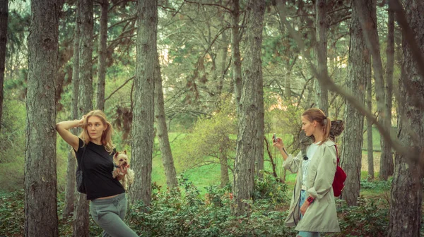 Selfy. Bir kız ve bir köpek bir kız ile bir kedi omzuna alır