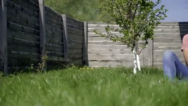 Köpek Yavrusu Alabai Bir Adam Bir Kız Alabai Kukla Sarılmak — Stok video