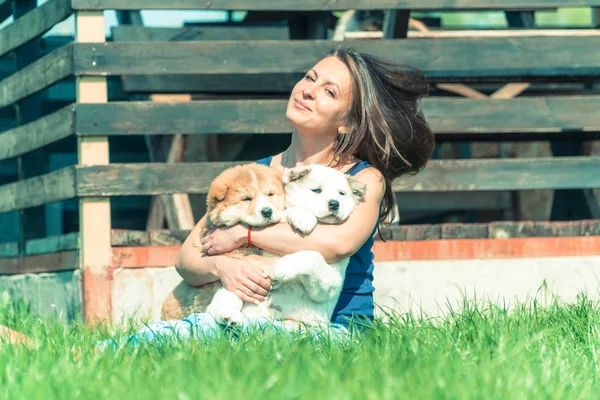 Puppy Alabai Girl Hugs Puppies Alabai — Stock Photo, Image