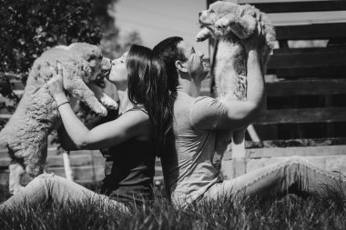 Köpek yavrusu Alabai. Bir adam ve bir kız Alabai kukla sarılmak