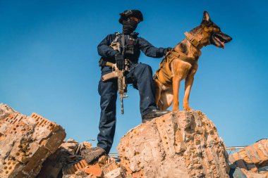 Cynologist. Eğitimli bir çoban köpeği ile askeri giysili bir adam