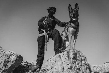 Cynologist. Eğitimli bir çoban köpeği ile askeri giysili bir adam