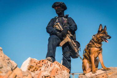 Cynologist. Eğitimli bir çoban köpeği ile askeri giysili bir adam