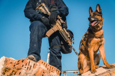 Cynologist. Eğitimli bir çoban köpeği ile askeri giysili bir adam