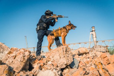 Cynologist. Eğitimli bir çoban köpeği ile askeri giysili bir adam