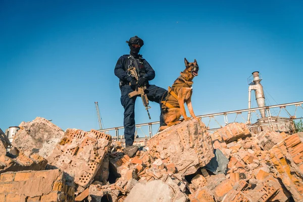 Cynologist Hombre Vestido Militar Con Perro Pastor Entrenado —  Fotos de Stock