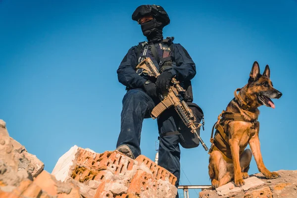 Cynologist Eğitimli Bir Çoban Köpeği Ile Askeri Giysili Bir Adam — Stok fotoğraf