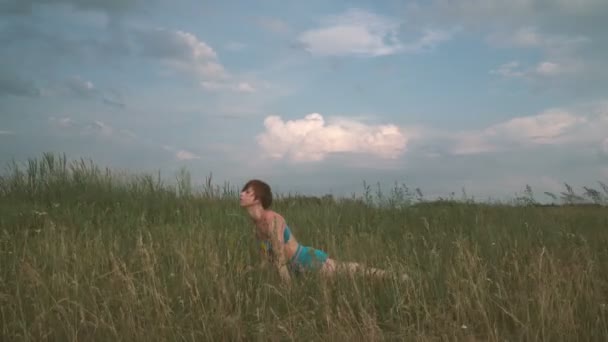 Yoga Fille Dans Domaine Dans Nature Pratiquant Yoga — Video