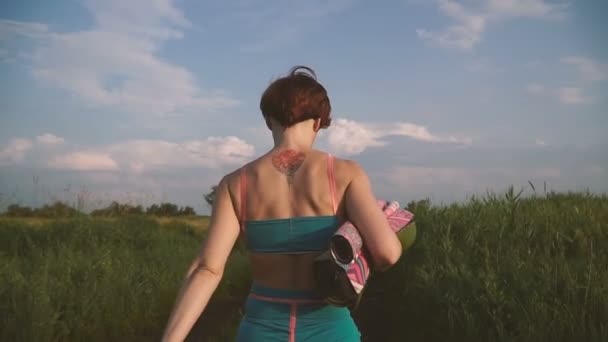 Yoga Fille Dans Domaine Dans Nature Pratiquant Yoga — Video