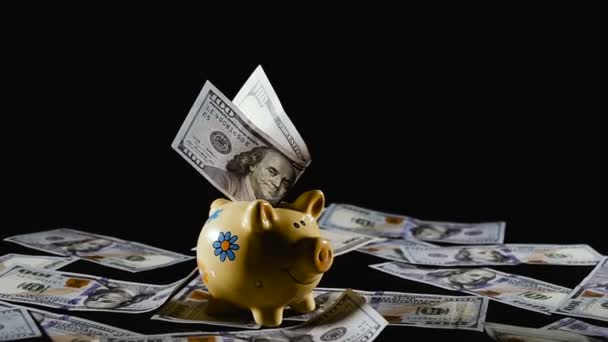 Piggy Bank Banco Porquinho Notas Cem Dólares — Vídeo de Stock