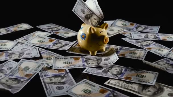 存钱罐 小猪银行和一百美元钞票 — 图库视频影像