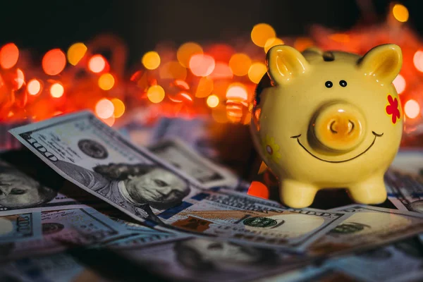 Piggy Bank Piggy Bank One Hundred Dollar Bills — Stock Photo, Image