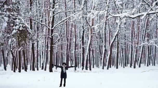 Winter Mädchen Verschneiten Wald — Stockvideo