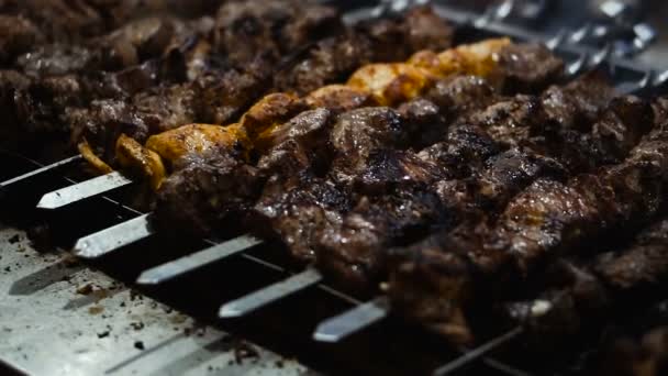 Carne Shish Kebab Grill Chamas — Vídeo de Stock