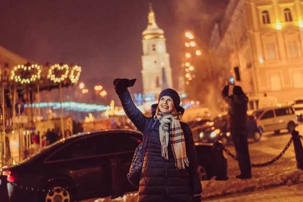 Flicka Tar Selfie Bakgrunden Sophia Square Ukraina Kiev — Stockfoto