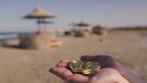 Bitcoin Pénzt Dobott Érmék Bitcoins Háttérben Strand — Stock videók