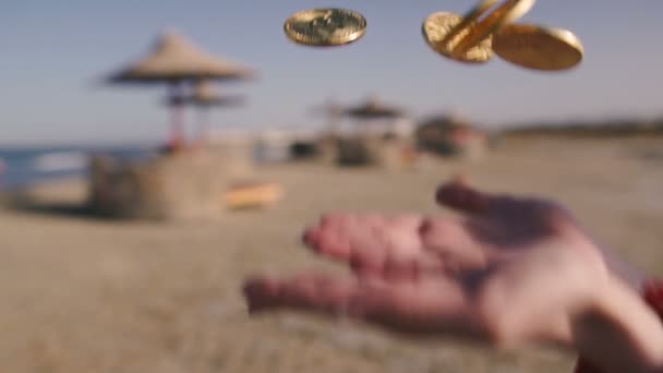 Bitcoin Hands Throwing Coins Bitcoins Background Beach — Stock Video