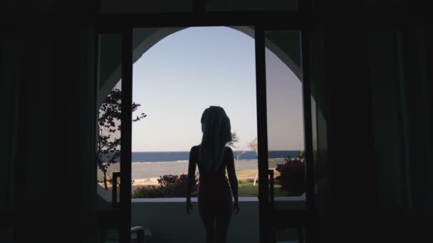 Window Overlooking Sea Girl Goes Loggia Looks Sea — Stock Video