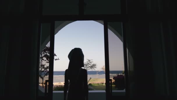 Window Overlooking Sea Girl Goes Loggia Looks Sea — 비디오