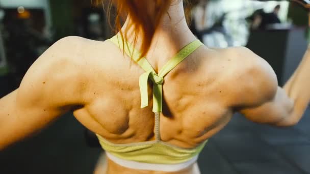 Muskeln Das Mädchen Fitnessstudio Schüttelt Rückenmuskeln — Stockvideo
