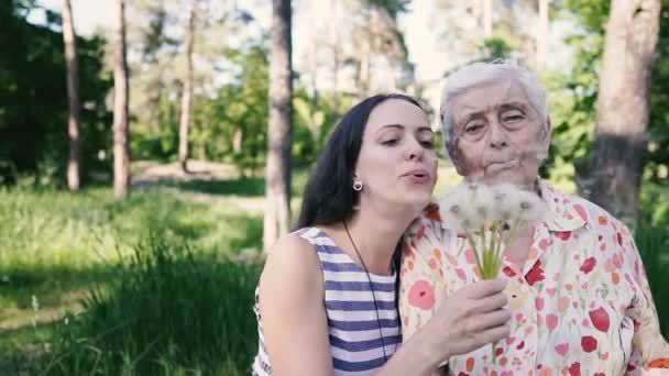 Abuela Nieta Chupan Diente León — Vídeo de stock