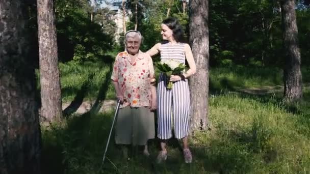 Γιαγιά Και Εγγονή Γιαγιά Και Εγγονή Περπατούν Στο Πάρκο — Αρχείο Βίντεο