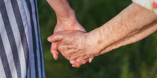 Grandmother and granddaughter hold hands and walk in the park — Stock Photo, Image