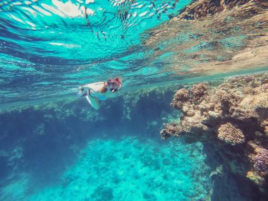 Bir eylem kamera ile Şnorkel Kız denizde yüzer ve shoo
