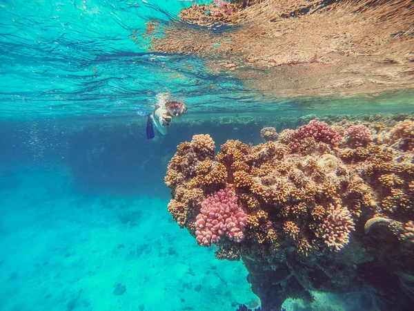 Chica de snorkel con una cámara de acción flota en el mar y shoo — Foto de Stock