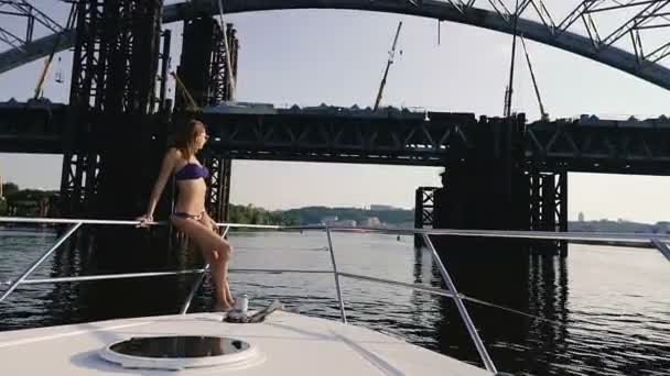 Yacht Girl Swimsuit Sunbathes Deck Yacht — Stock Video