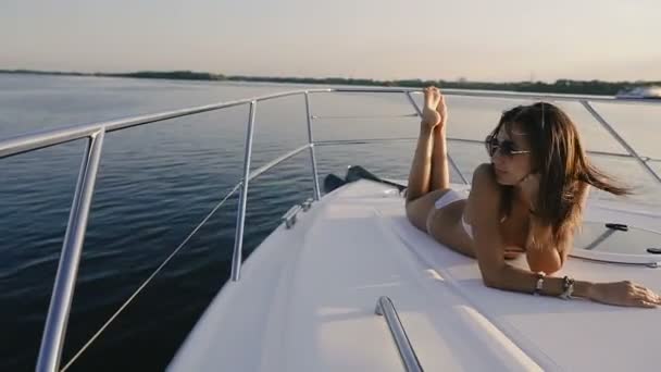 Yacht Girl Swimsuit Sunbathes Deck Yacht — Stock Video