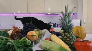 Mutfak ve sebzeler. Siyah kedi sebze ile mutfak masasına tırmanıyor.