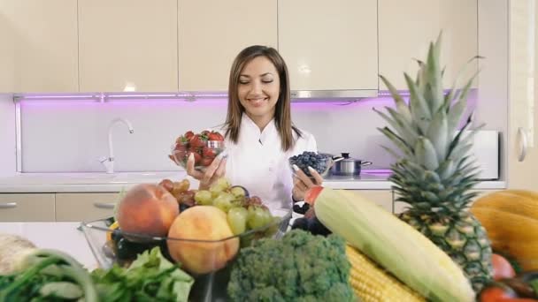 Proper Nutrition Girl Holds Berries Her Hands — Stock Video
