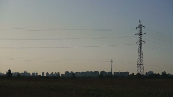 街の背面に電気塔を持つフィールド — ストック動画